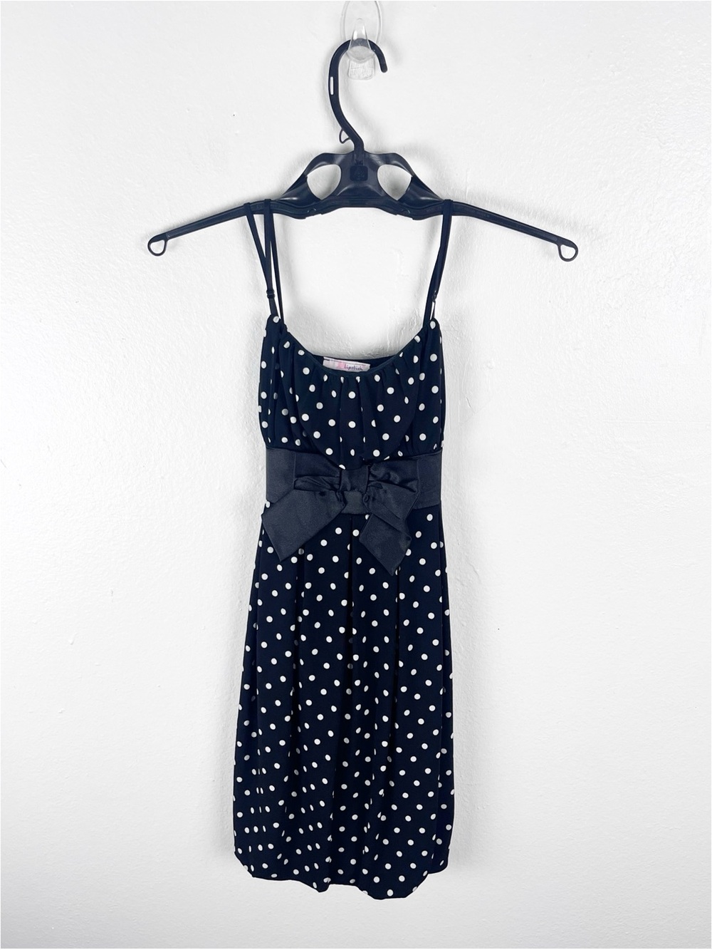 LIPSTICK Black White Polka Dot Bow Waist Spaghetti Strap Bubble Hem Dress Small